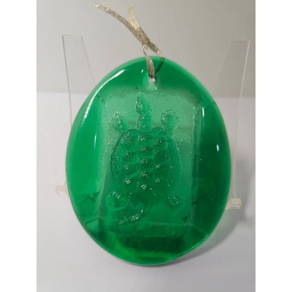 Vintage Blenko Green‎ Glass Turtle Pendant Charm Hanging Ornament Art